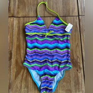 One Piece Cut-Out Back Colorful Swimsuit. Girls Size 14